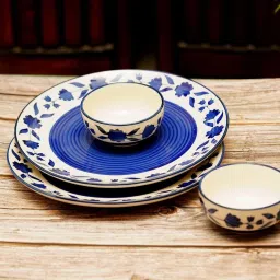 Pack of 4 Ceramic Blue Floral Design 2 Dinner Plate, 2 Katori Bowl Microwave & Dishwasher Safe Dinner Set-4
