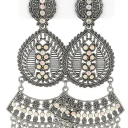 Oxidised Silver Plated Mirror Studded Afghani Dangler Earrings for Women & Girls Silver Chandbali Earring-1