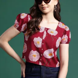 Casual Puff Sleeves Printed Women Maroon, Yellow, Pink Top-image-52