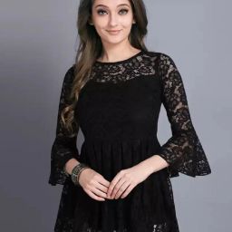 Casual Bell Sleeves Self Design Women Black Top-image-122