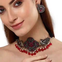 Shining Diva Woman Oxidised Red & White Crystal-Studded Traditional Jewellery Set-picture-29