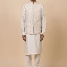 Tasva Men Off White Woven-Design Nehru Jacket-picture-11