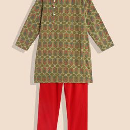 House of Pataudi Rozana Boys Floral Print Regular Pure Cotton Kurta with Trousers-picture-38