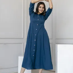 Nayo Shirt Collar A-Line Cotton Midi Dress-image-30