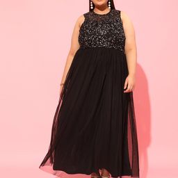 CURVY STREET Black Plus Size Embellished Net Maxi Dress-1