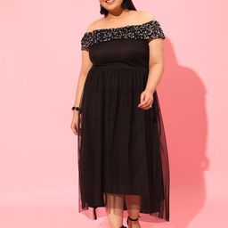 CURVY STREET Black Plus Size Off-Shoulder Net Maxi Dress-picture-14