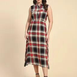 BAESD Checked Cotton  A-Line Midi Dress-image-87