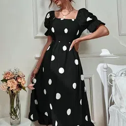 StyleCast Black Polka Dot Printed Off Shoulder Smocked Fit & Flare Midi Dress-picture-3