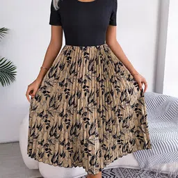 StyleCast Khaki Floral Printed Fit & Flare Midi Dress-picture-0