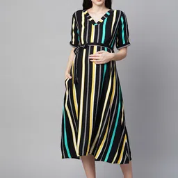 MomToBe Striped V-Neck Maternity Midi A-Line Sustainable Dress With Belt-7
