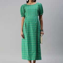 Swishchick Checked Puff Sleeve Maternity A-Line Midi Dress-image-62