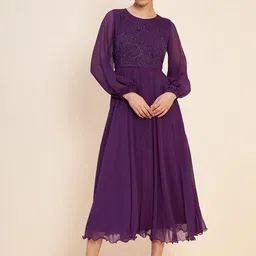 Antheaa Purple Embellished Puff Sleeves Gathered Fit & Flare Midi Dress-image-10