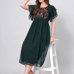 KALINI Self Design Embroidered Flared Sleeves Chiffon A-Line Midi Dress-image-11