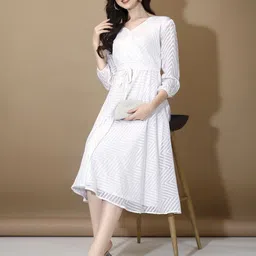 KALINI Women Self Design V-Neck Cuffed Sleeves Georgette Fit and Flare Midi Dress-image-3