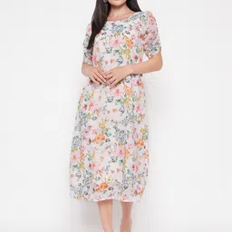 Ruhaans Floral Printed Puff Sleeves Georgette A-Line Midi Dress-image-52