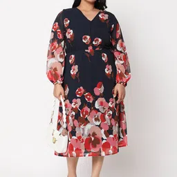 Curves by MISH Navy Blue & Red Plus Size Floral A-Line Midi Dress-picture-5
