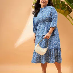 SASSAFRAS Curve Plus Size Blue Floral Printed Puff Sleeves Tiered Fit & Flare Dress-image-36