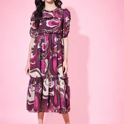 Justin Whyte Ethnic Motifs Printed Round Neck Georgette A-Line Midi Dress-image-35