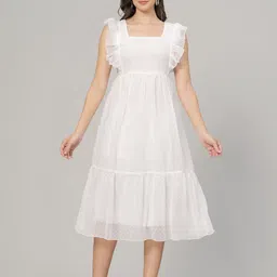 JC4U Self Design Square Neck Flutter Sleeve Georgette A-Line Midi Dress image 1