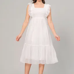 KALINI Self Design Square Neck Flutter Sleeve Georgette A-Line Midi Dress-picture-3