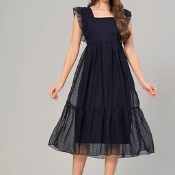KALINI Self Design Square Neck Flutter Sleeve Georgette A-Line Midi Dress-picture-5