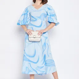 Fashfun Printed V-Neck Flared Sleeve Crepe A-Line Midi Dress-54
