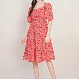 U&F Floral Printed Square Neck Puff Sleeves Fit and Flare Midi Dress-image-13