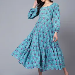 BAESD Floral Printed Cotton Puff Sleeve A-Line Opaque Midi Dress-image-29