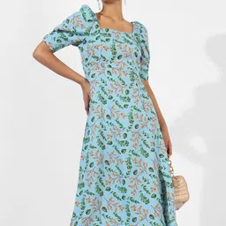 Campus Sutra Floral Print Puff Sleeve A-Line Midi Dress-image-29