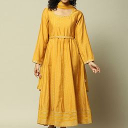 Rangriti Round Neck Long Flared Sleeves Ethnic Motifs A-Line Midi Dress-picture-4