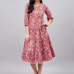 WineRed Floral Printed Tiered Cotton A-Line Midi Dress-image-29