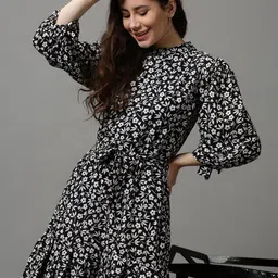 SHOWOFF Women Black & White Floral A-Line Midi Dress-image-45