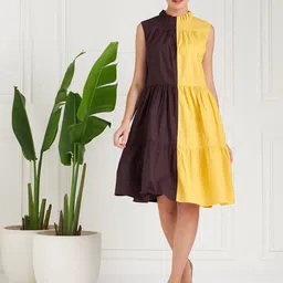 Athena Immutable Yellow Colorblocked Tiered A-Line Cotton Midi Dress-image-5