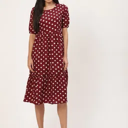 BRINNS Coffee Brown & White Polka Dots Crepe A-Line Midi Dress-image-83