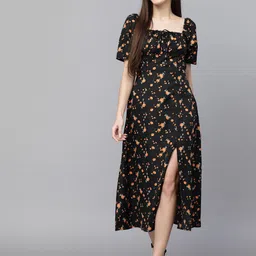 aayu Floral Printed Square Neck Puff Sleeves A-Line Midi Dress-image-66