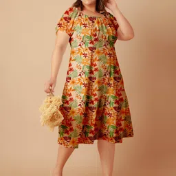 Zink Curve Plus Size Floral Printed Square Neck Puffed Sleeves Empire Midi Dress-image-75