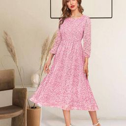 BAESD Floral Printed Puff Sleeve Fit And Flare Midi Dress-image-48