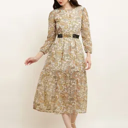 SQew Green Floral Print A-Line Midi Dress-image-21