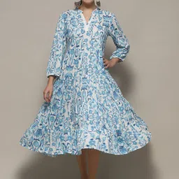 Biba Floral Printed Mandarin Collar Three-Quarter Sleeves A-Line Cotton Midi Dress-image-14