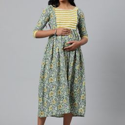 Swishchick Floral Printed Cotton Square Neck Maternity A-Line Midi Dress-image-23