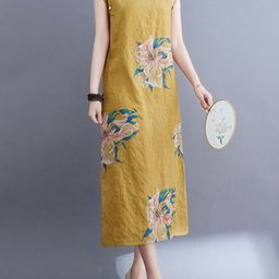 StyleCast Yellow Floral Print Shirt Collar Cotton A-Line Midi Dress-image-43