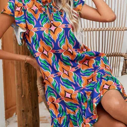 StyleCast Blue Ethnic Print Tie-Up Neck A-Line Midi Dress-image-39