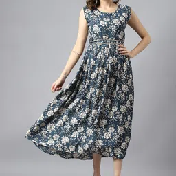 Ishin Blue Floral Print A-Line Midi Dress-17