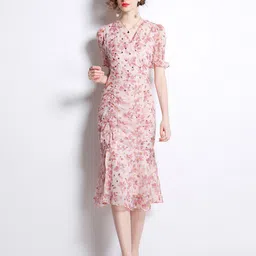 JC Collection Floral Printed Ruched Wrap Midi Dress-image-50