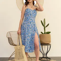 Berrylush Floral Printed Shoulder Straps A-Line Midi Dress-12