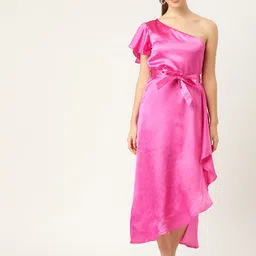 DODO & MOA One Shoulder Flutter Sleeve Layered Satin Warp Midi Dress-picture-1