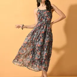 KALINI Floral Printed Shoulder Straps Fit & Flare Midi Dress-image-81