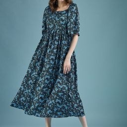 DressBerry Blue Floral Printed Round Neck Flared Sleeves Chiffon A-Line Midi Dress-image-78