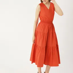 Moomaya V-Neck Smocked Fit & Flare Tiered Midi Dress-picture-15