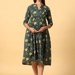 CRAFIQA Floral Printed Maternity & Nursing Pure Cotton Pleated Fit & Flare Midi Dress-image-87
